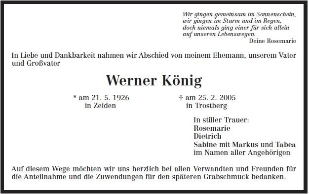 Koenig werner 1926-2005 Todesanzeige